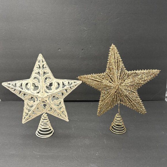 Christmas Tree Star Toppers Set Of 2 Elegant Gold Glitter White Metal Swirl Base - Picture 13 of 13